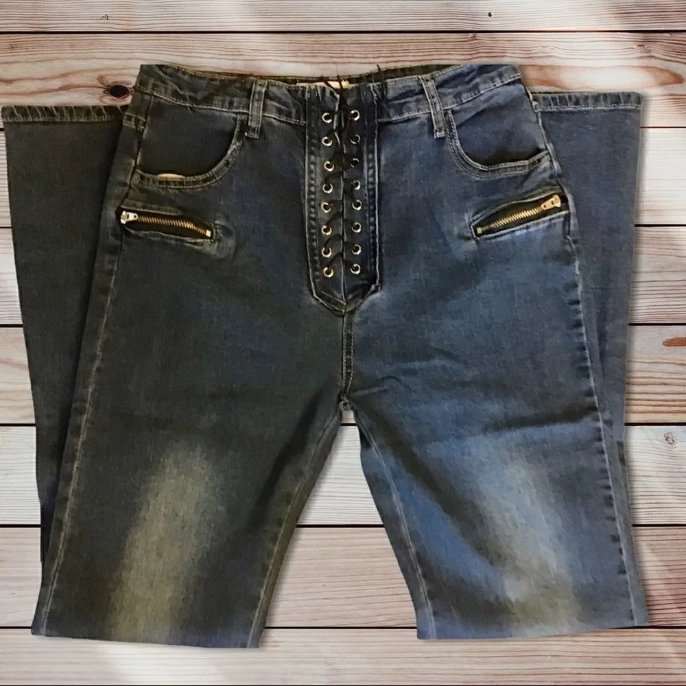 High Waisted Denim Lace Up Bell Bottom Jea… - Picture 7 of 8